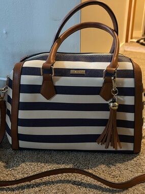 Aldo Navy and White Striped Satchel with Brown Trim